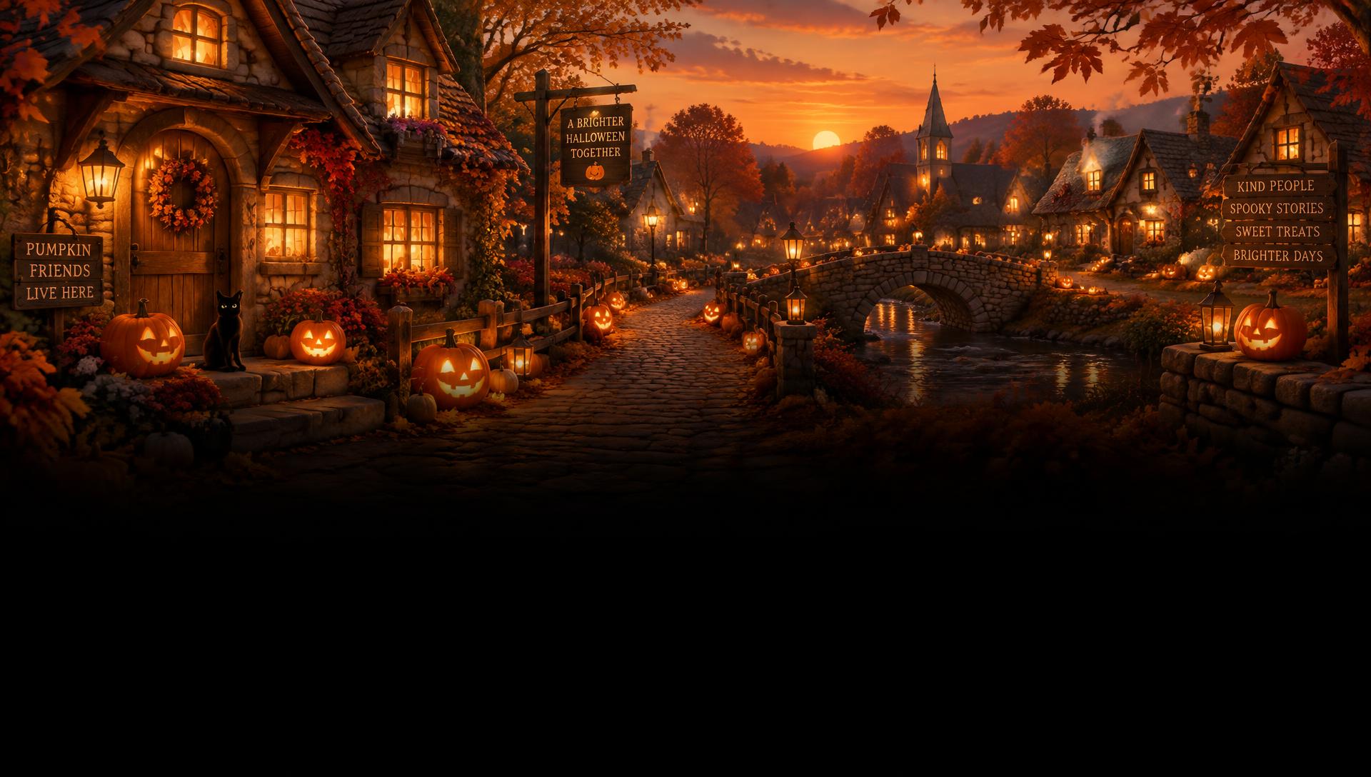 Schattig Halloween dorpje met verlichte huizen en pompoenen voor de deur